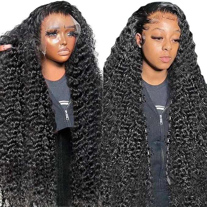 13x6 Deep Wave Lace Front Wigs Human Hair 200% Density HD Lace Front Wigs Human Hair for Women Glueless Pre Plucked Bleached Knots Lace Front Wig Deep Curly Wig Nature Color(Black, 30inch)
