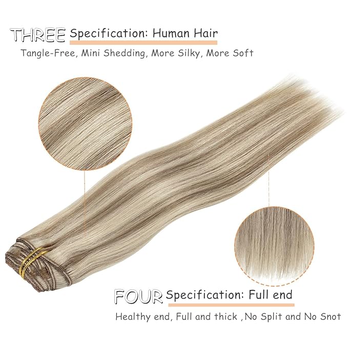 Caliee Hair Extensions Real Human Hair P18/613 Ash Blonde Highlighted Bleach Blonde Clip in Hair Extensions Double Weft Lace Clip in Hair Extensions 7PCS Straight 14Inch Long Straight
