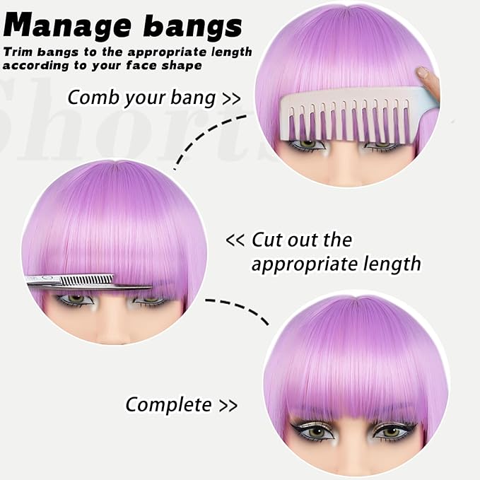 MAYSA Purple Bob Wig with Bangs for Women Short Straight Neon Bob Wig 12in Synthetic Cosplay Daily Party Colorful Wigs # Light Purple