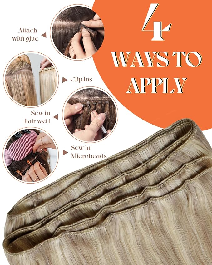 Sunny Hair Human Hair Weft Extensions Blonde Human Hair Extensions Sew in Bundle 20inch Hand Tied Weft Hair Extensions Human Hair Ash Blonde Highlight Bleach Long Hair Extensions Sew in 100g