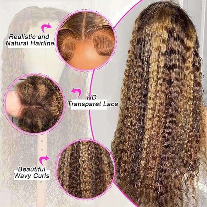 30inch Highlight Ombre Lace Front Wig Human Hair 13x6 HD Honey Blonde 4/27 Deep Wave Lace Frontal Wigs Glueless Wigs Human Hair