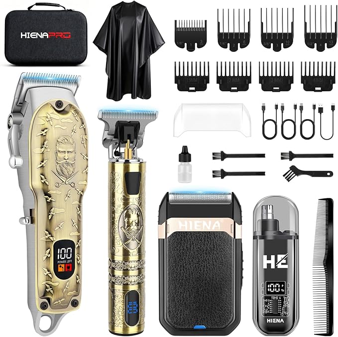 HIENA PRO Hair Clippers for Men Professional, Cordless Barber Clipper and T-Blade Beard/Hair Trimmer Set, Electric Razor Foil Shaver Nose Trimmer Barber Kit, Men's Hair Cutting Kit (814 Set)