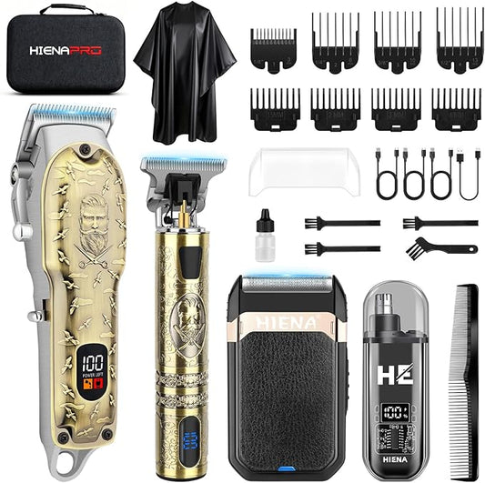 HIENA PRO Hair Clippers for Men Professional, Cordless Barber Clipper and T-Blade Beard/Hair Trimmer Set, Electric Razor Foil Shaver Nose Trimmer Barber Kit, Men's Hair Cutting Kit (814 Set)