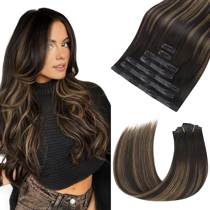 HOTBANANA Seamless Clip in Hair Extensions, 14 Inch 110g 7pcs Dark Brown to Chestnut Brown Invisible PU Skin Weft Straight Remy Human Hair Extensions