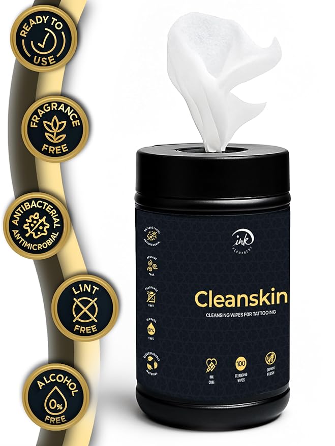 CleanSkin Green Soap Tattoo Wipes – 100 Pre-Soaked Wipes in Canister | Lint-Free, Fragrance-Free, Alcohol-Free | Tattoo Soap Alternative for Clean Skin, PMU & Piercing