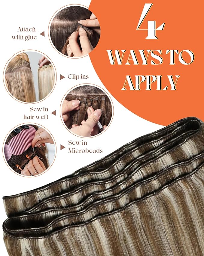 Sunny Hair Sew in Remy Hair Extensions Light Brown Highlights 18inch Weft Hair Extensions Light Brown Highlights Platinum Blonde Soft Texture for Long Straight Hair 22inch