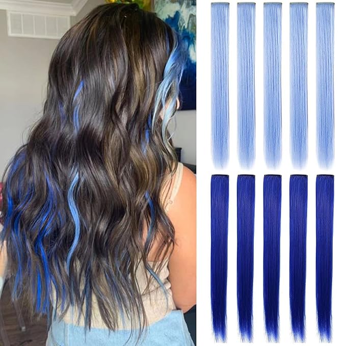 10PCS 20''Light Blue Sapphire Blue Hair Extensions for Girls Wig Pieces Clip in Coloured Hair Extensions for Teens Colorful Hairpieces Party Synthetic Multiple Colors