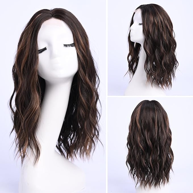 Dark Brown Wig with Highlight Medium Length Wigs for Women Middle Part Synthetic Hair Wigs Mixed Wavy Highlights Natural Hair for Daily Party Halloween Colourful Wig Highlighted（16 inch）