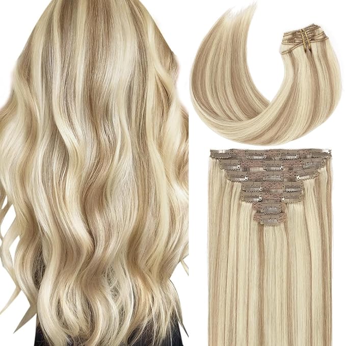 Caliee Clip in Hair Extensions Human Hair for Women Double Weft Lace Golden Brown Mixed Bleach Blonde Color Real Hair Clip in Hair Extensions 7 Pieces 14Inch 120G