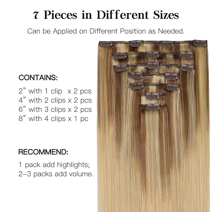 HOTBANANA Human Hair Clip in Hair Extensions, Balayage Coffee Brown Highlighted Sandy Blonde 120g Clip in Hair Extensions Real Human Hair Straight Remy Hair 20 Inch 7pcs