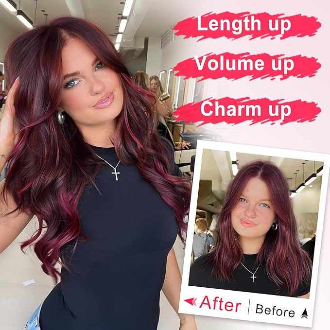 ALXNAN Long Wavy Hair Extensions for Women, Clip in Hair Extensions Clip Ins Soft Full Head Synthetic Hairpieces 20 Inch Ombre Burgundy mix Black