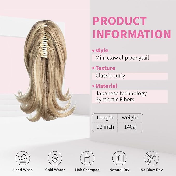 Ponytail Hair Extensions, 12 Inch Claw Clip Ponytail Hair Extensions for Women, Chin Clip Wigs, Soft Synthetic Wigs-Dirty Blonde