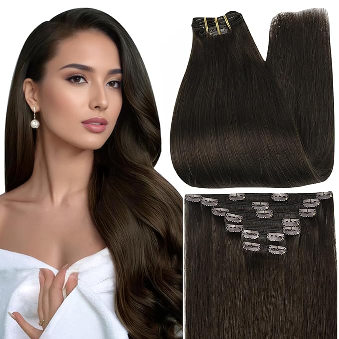 Full Shine Brown Clip in Hair Extensions Brazilian Hair Clip in Extensions for Women Dark Brown Hair Extensions Real Human Hair 7 Pcs 20 Inch 120 G
