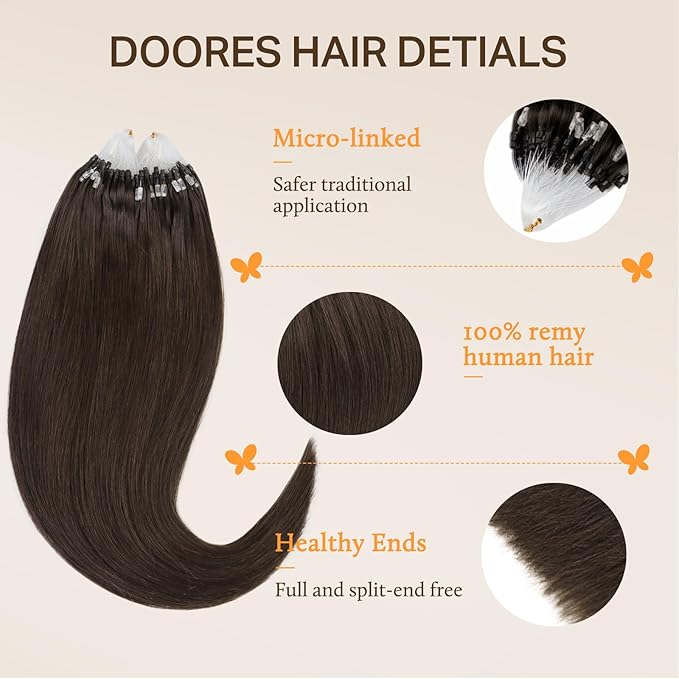 DOORES Micro Beaded Hair Extensions for Women, Light Dark Brown 24 Inch 50g/50s, Micro Loop Hair Extensions Long Human Hair Extensions