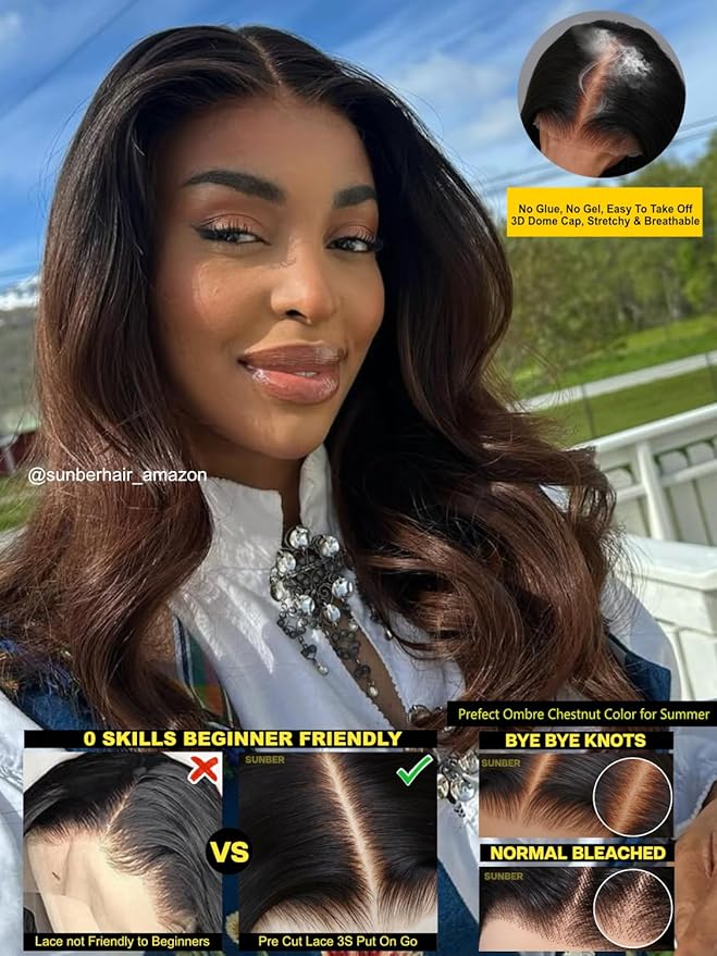 Sunber Yaki Straight Ombre Chestnut Human Hair Wigs with Drawstring Upgrade 3D Cap Put and Go Bye Bye Knots Pre Cut 7x5 HD Lace Front Glueless Yaki Wigs Pre Plucked Invisible Knots 3S Wear 16Inch