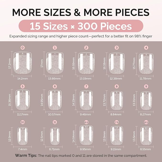 MelodySusie Short Square X Nail Tips - 300Pcs 15Sizes Clear Acrylic, Half Matte Full Cover Press on Nails for DIY Extension & Salon Use, Pre-Shaped for Long-Lasting Manicure