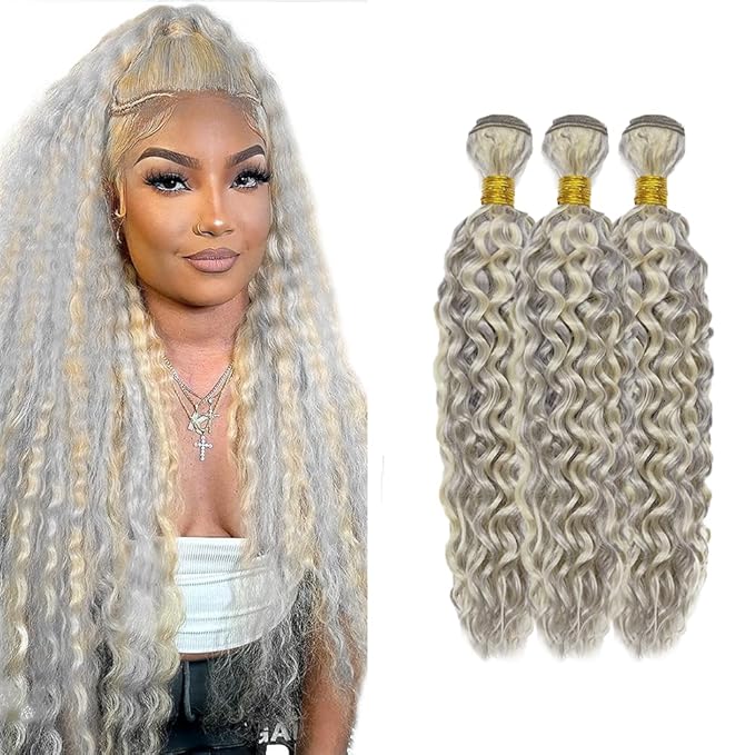 30 32 34 Inch Blonde Bundles Human Hair P613/grey Water Wave 3 Bundle Unprocessed Brazilian virgin hair Weave Extensions Double Weft 50 Grams/Bundle Colored Highlight Grey Bundles for Woman