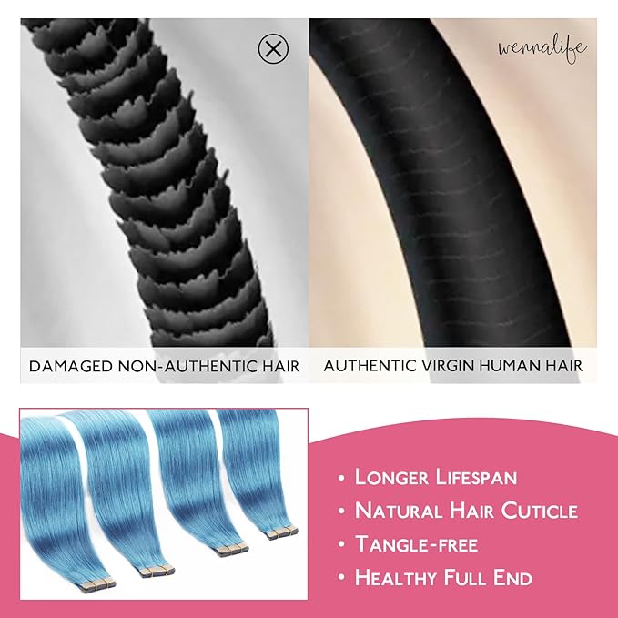 WENNALIFE Tape in Hair Extensions Human Hair SkyBlue Tape in Extensions, 10pcs 25g 18 inch Remy Invisible Tape Ins Straight Colored Soft Real Human Hair Tape in Extensions Refill Set Extensions