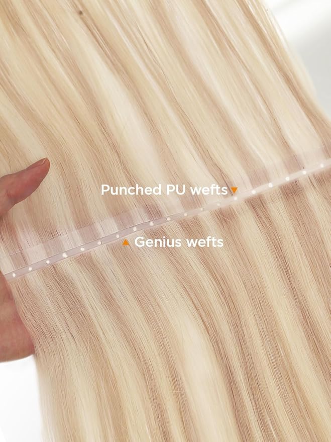 Twin Tab Butterfly Genius Weft Human Hair Extensions Simulated Scalp Latest Double Invisible Real 100% Remy Human Hair Weft with Micro Bead 100g 7ps 18 Inch Strawberry Highlight Blonde