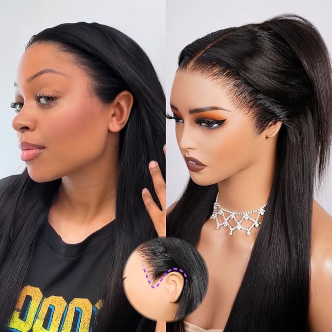 13x6 HD Lace Front Wigs Human Hair 220% Density Glueless Wigs Human Hair Pre Plucked Pre Cut Upgrade Ear-to-Ear Frontal Straight Wigs for Women Glueless Drawstring Wig with Tapes 22 Inch