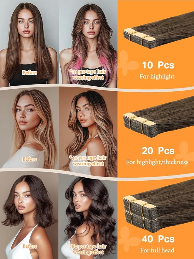 DOORES Medium Brown Highlighted Dirty Blonde 12 Inch 40pcs 80g Human Hair Extensions - Natural Invisible Tape In