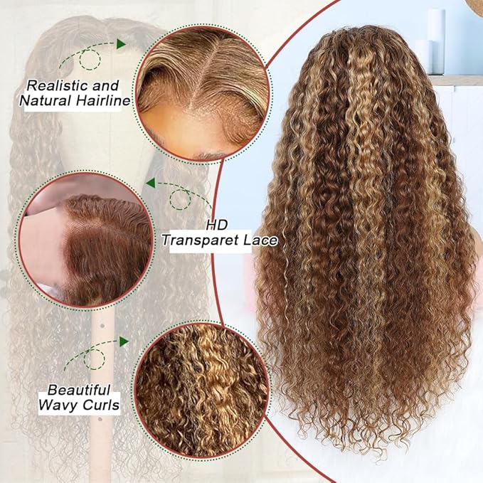 Azibo 200 Density Water Wave 13x5 Full Lace Front Wigs Human Hair Pre Plucked 4/27 Highlight Honey Blonde HD Lace Front Wig Human Hair 28inch…