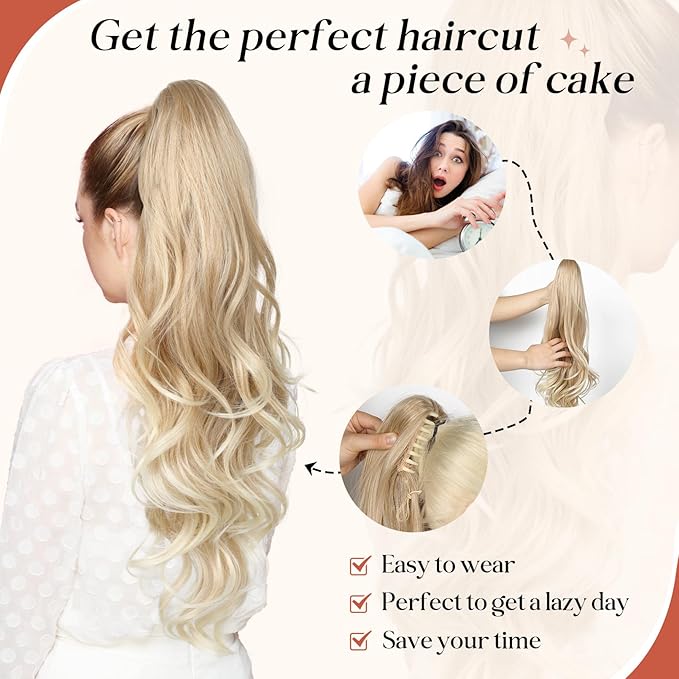 FLUFYMOOZ 26" Ponytail Extension, Long Wavy Curly Claw Clip in Ponytail Hair Extensions, Natural Synthetic Hairpiece for Women Daily Wear(Ombre Burgundy)