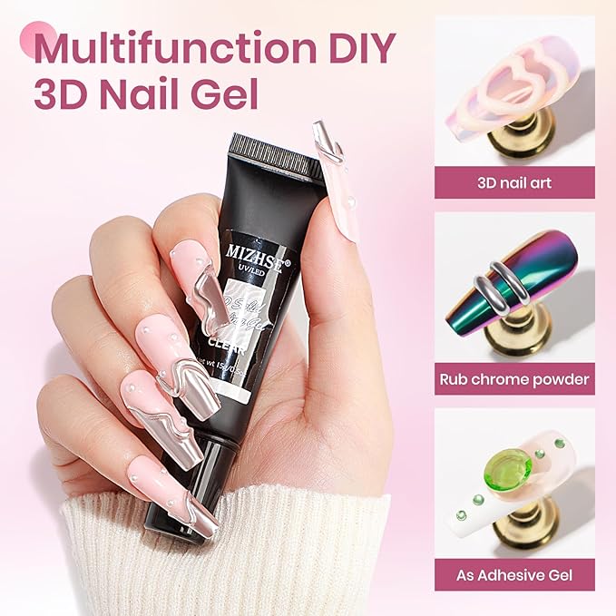 MIZHSE 3D Nail Gel, 2 Pcs 15g 3D Sculpting Gel for Nail Art, No Wipe Clear and Milky White Molding Gels for Nails Decoration Manicure Charms Home DIY