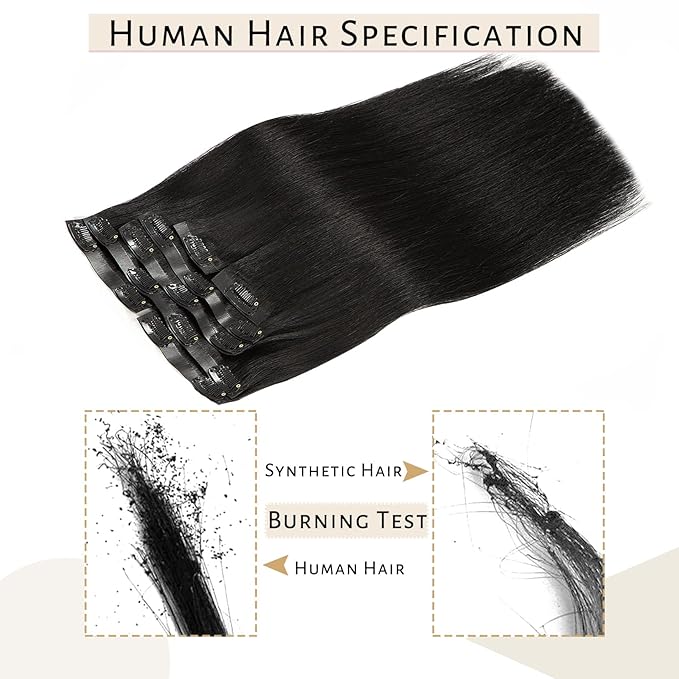 Caliee 22Inch Invisible Seamless Clip in Human Hair Extensions 7Pcs 100% Real Human Hair Jet Black Clip In Hair Extensions Straight Not Tangled PU Weft Clip in Human Hair Extensions for Women 110G