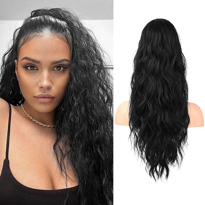 Flufymooz Ponytail Extension, 22 Inch Drawstring Ponytail Hair Extensions for Women， Long Curly Wavy Pony Tail Natural Wavy Synthetic Hairpiece for Women Daily Use party (22 Inch Natural Black)