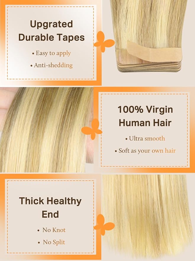 DOORES Hair Extensions Human Hair, Drity Blonde Highlight Golden Blonde 40pcs 100g 24 Inch, Human Hair Extensions Tape in Straight Hair Real Human Hair
