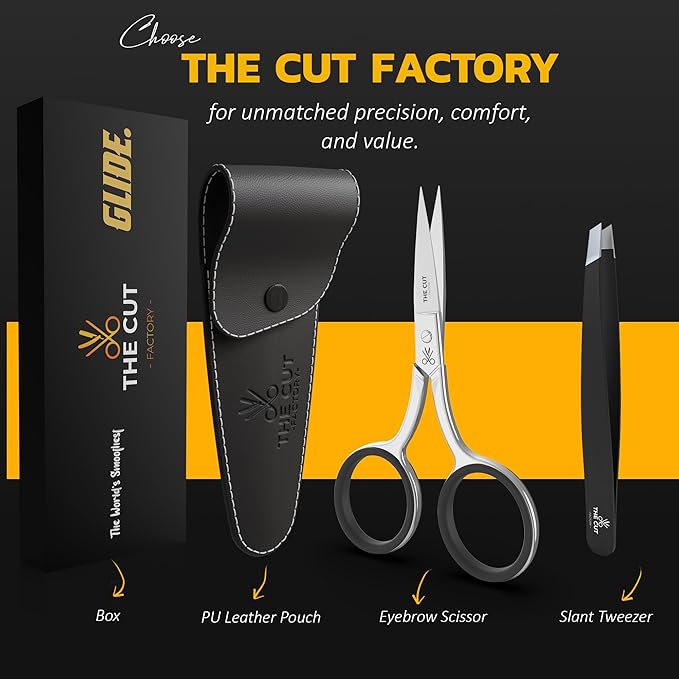 The Cut Factory 4.5" Facial Hair Scissors for Women & Eyebrow Scissors with Slanted Tweezer – Precision Trimming Set for Brows, Peach Fuzz & Detail Grooming
