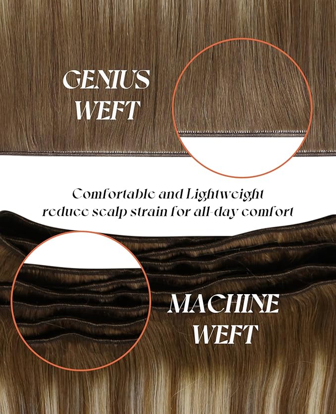 Sunny Hair Genius Weft Remy Human Hair Extensions 16inch Balayage Medium Brown Hand Tied Real Human Hair Light Brown Mix Platinum Blonde Weft Extensions for Women 50g