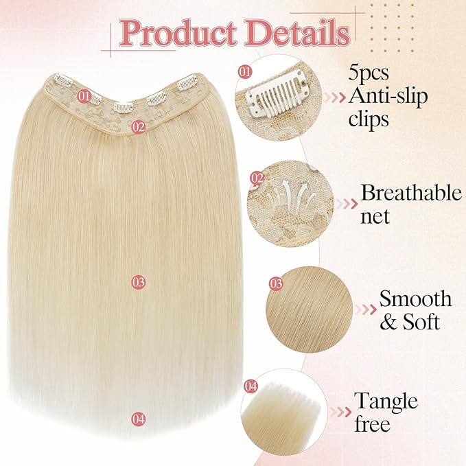 One Pieces Clip in Hair Extensions Human Hair Upgraded V-Shaped 5 Clips in Hair Extensions Human Hair Long One Piece Hairpiece for Women,20 Inch,#60 Platinum Blonde,70g