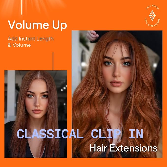Full Shine Hair Extensions Clip in Human Hair Copper 10 Inch Short Invisible Clip on Hair Extensions Red Hair Clip in Extensions 7 Pcs 95 G