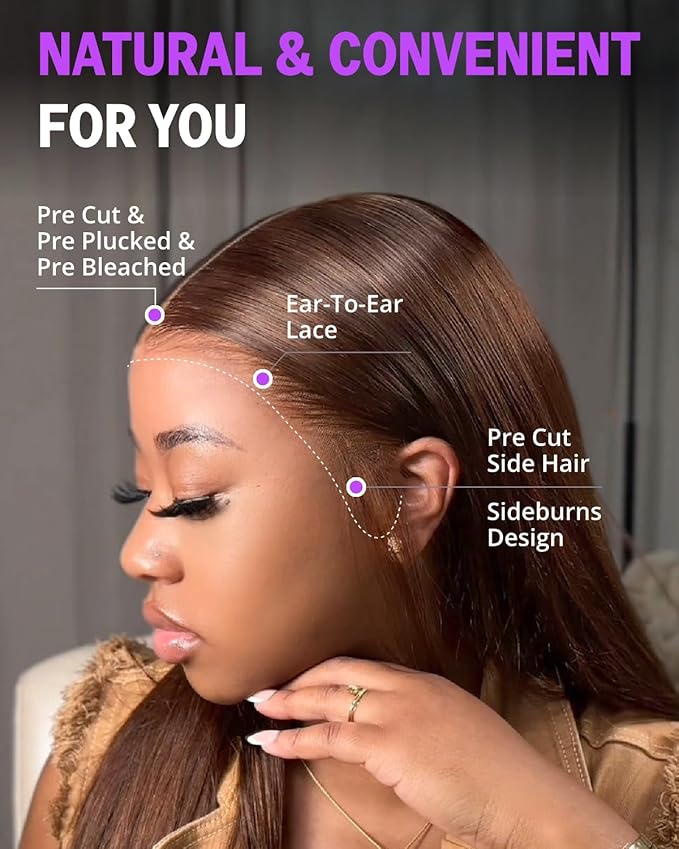 Chocolate Brown Glueless Wigs Human Hair Pre Plucked Pre Cut 13x6 HD Lace Front Straight Wigs Human Hair Glueless Wear and GoFrontal Pre Bleached Drawstring Wig 22 Inch 220% Density 4#