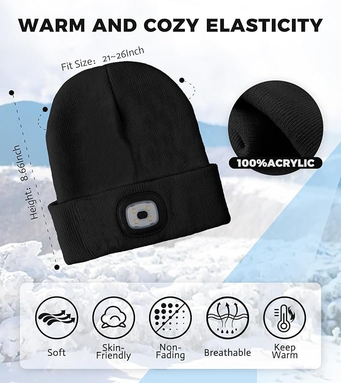 Unisex LED Beanie with Light, Rechargeable Headlamp Hat, Stocking Stuffers Christmas Gifts for Men, Warm Knitted Cap White Elephant Gifts for Dad Adults Teens Men Women Him
