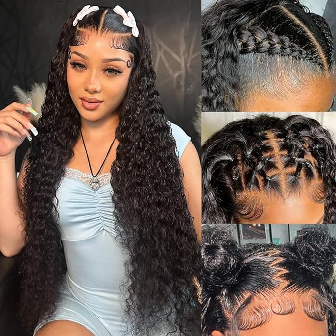 30 Inch Water Wave Lace Front Wigs Human Hair 220 Density 13x6 HD Full Lace Frontal Wigs Pre Plucked Wet and Wavy Glueless Deep Curly Human Hair Wigs for Women Natural Black