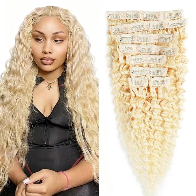 Blonde Clip in Extensions 8Pcs 110g Clip in Hair Extensions Real Human Hair Deep Wave 613 Blonde Clip ins Brazilian Remy Human Hair Extensions for Women Double Weft 16 Inch