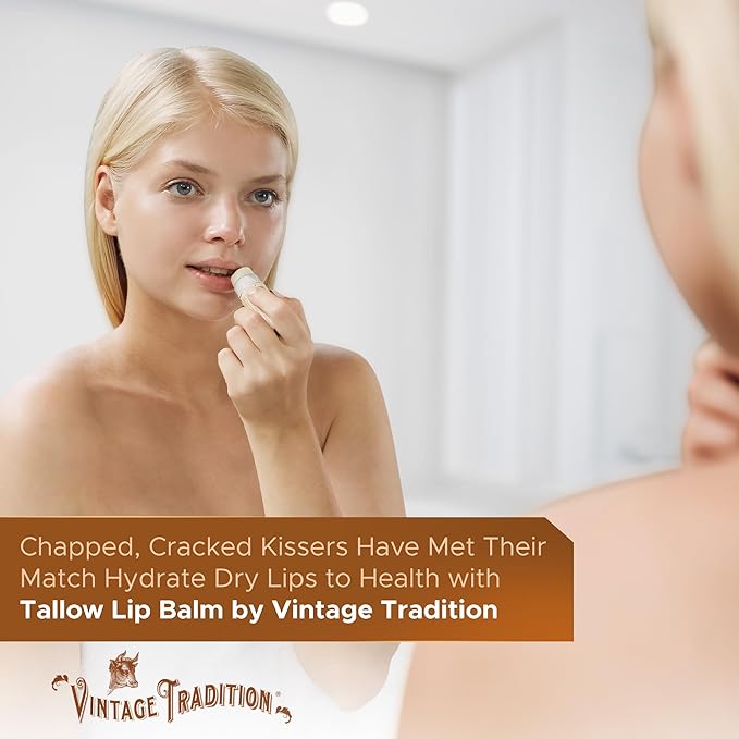 Vintage Tradition Moisturizing Beef Tallow Lip Balm – Unscented Tube Lip Moisturizer for Sensitive Skin Hydrates & Soothes Dry Lips – Grass-Fed Tallow Balm for Skin Care, 0.5 Fl. Oz.