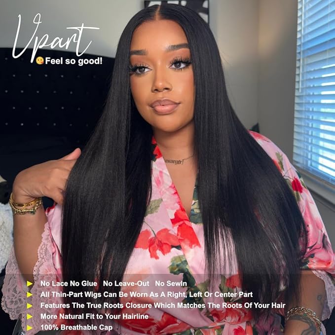Sunber Yaki Straight V Part Human Hair Glueless Wig Upgrade U Part Wig No Leave Out Vpart light yaki straight Machine Made Clip In Half Wigs No Leave Out Real Scalp V Shape 150% Density 18Inch