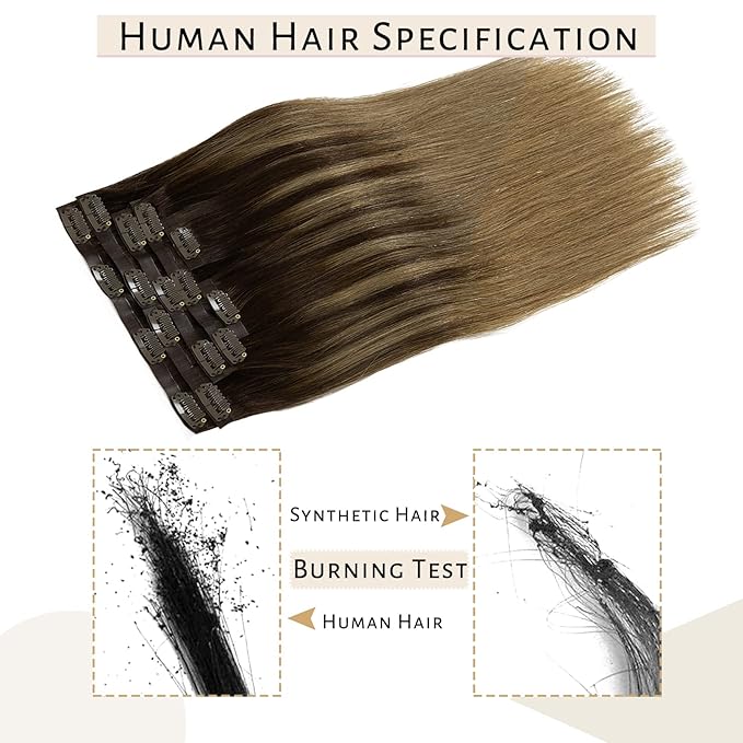 Caliee 22 Inch Seamless Hair Extensions Human Hair B2/6 Dark Brown Fading to Chestnut Brown Ombre Clip in Hair Extensions Real Hair 110G Invisible Weft Straight 7Pcs