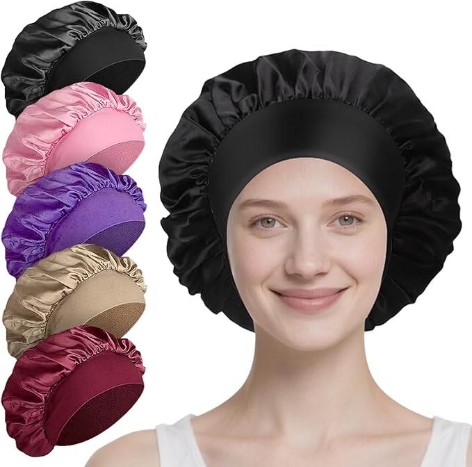 5 Pack Satin Bonnet for Women, 30cm Adjustable No-Slip Sleep Cap for Curly Hair, Breathable Head Wrap for Sleeping & Skincare