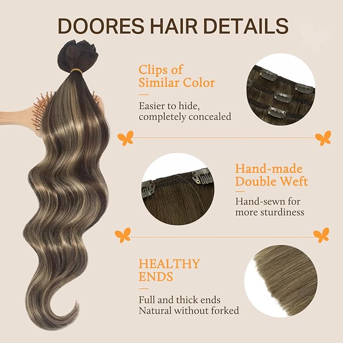DOORES Clip in Human Hair Extensions, 5pcs 80g 20 Inch Balayage Chocolate Brown to Honey Blonde, Straight Long Hair Extensions Remy Human Hair Clip ins
