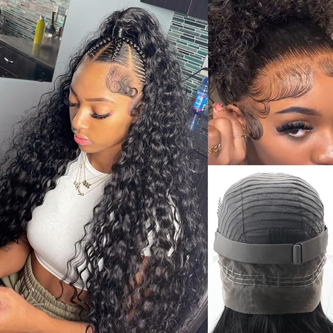 Hidden Strap 360 Deep Wave Lace Front Wigs Human Hair 220% Density 360 Glueless Wigs Human Hair with Drawstring 360 Deep Wave Curly HD Full Lace Front Wigs Human Hair Pre Plucked 24 inch