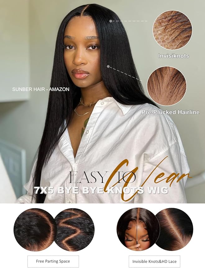 Sunber Yaki Straight Human Hair Bye Bye Knots Pre Cut 7x5 Lace Front Wigs with Drawstring Upgrade 3D Cap Put On and Go 3S Wear Glueless Yaki Wigs Pre Plucked Pre Bleached Invisible Knots 26Inch