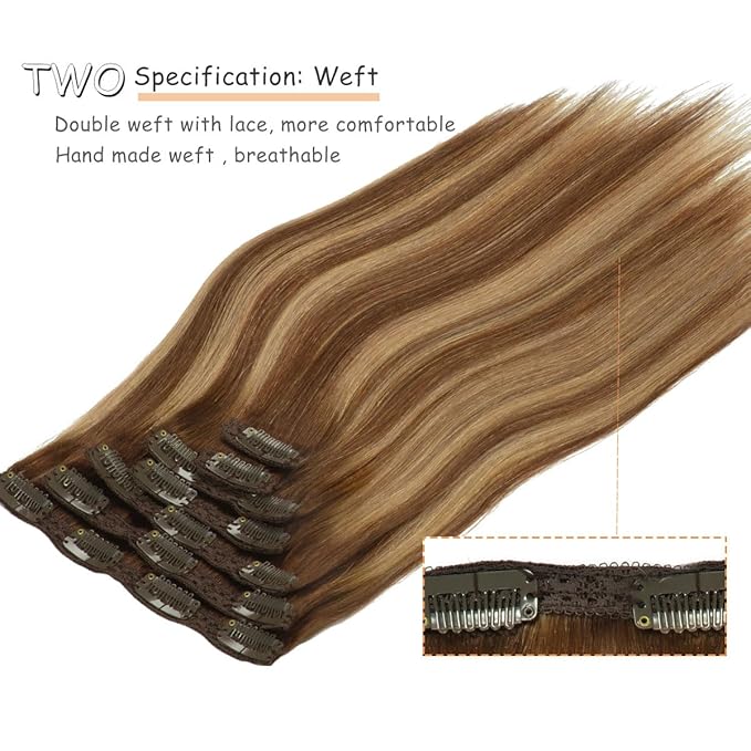 Caliee Clip in Hair Extensions Human Hair Double Weft Lace Hair Chocolate Brown #4 Mixed Caramel Blonde #27 with Chocolte Brown Roots 140g 20inch Natural Straight Remy hair