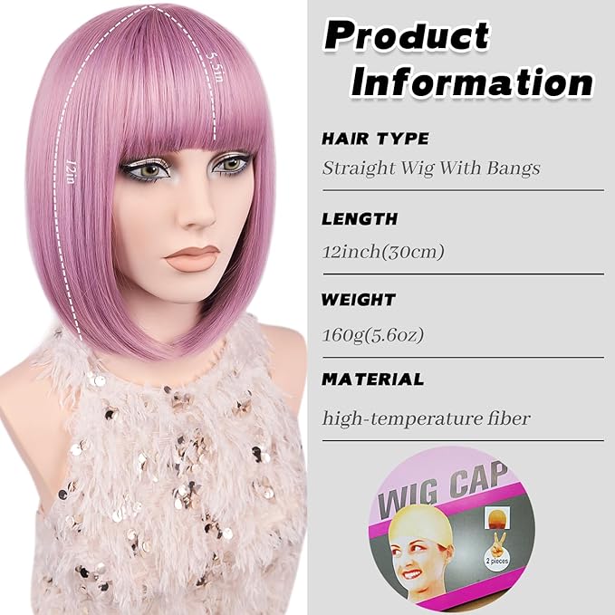 MAYSA Pink Bob Wig with Bangs Short Straight Bob Wig Womens Wigs 12in Cosplay Colorful Party Wigs # Purple Pink