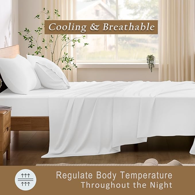 TOSMO Luxury Cooling Sheet Set - 100% Viscose from Bamboo, 4-Piece Bedding Set (Cal King Size) - 18” Extra Deep Pockets, Oeko-Tex Certified, Silky Soft and Breathable, Classic White