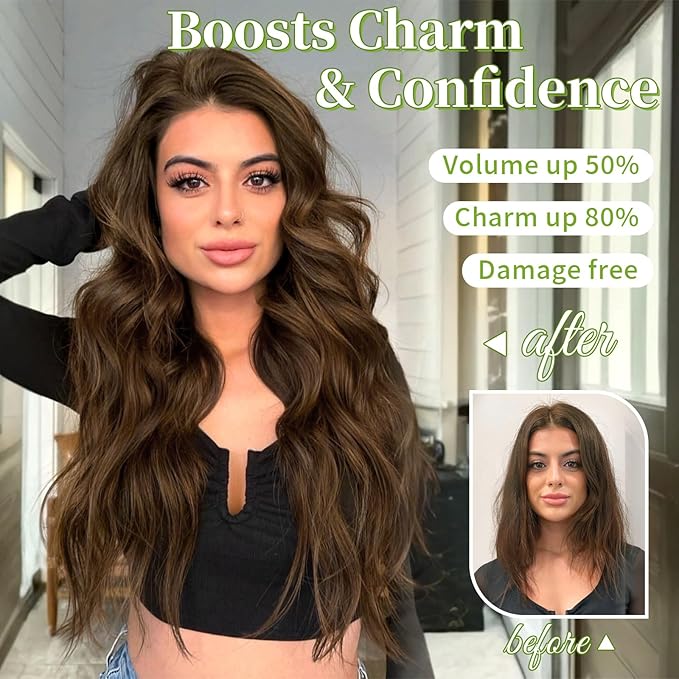 KooKaStyle Invisible Wire Hair Extensions with Transparent Wire Adjustable Size Long Wavy Synthetic Hairpiece Rich Medium Brown 20 Inch with 4 Secure Clips for Women